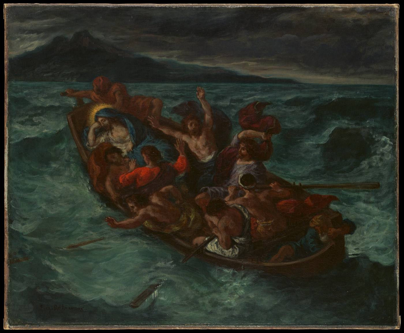 Pintura de Eugène Delacroix: num barco sacudido por ondas verde-escuras, os discípulos se agitam apavorados enquanto Jesus dorme tranquilo na popa.