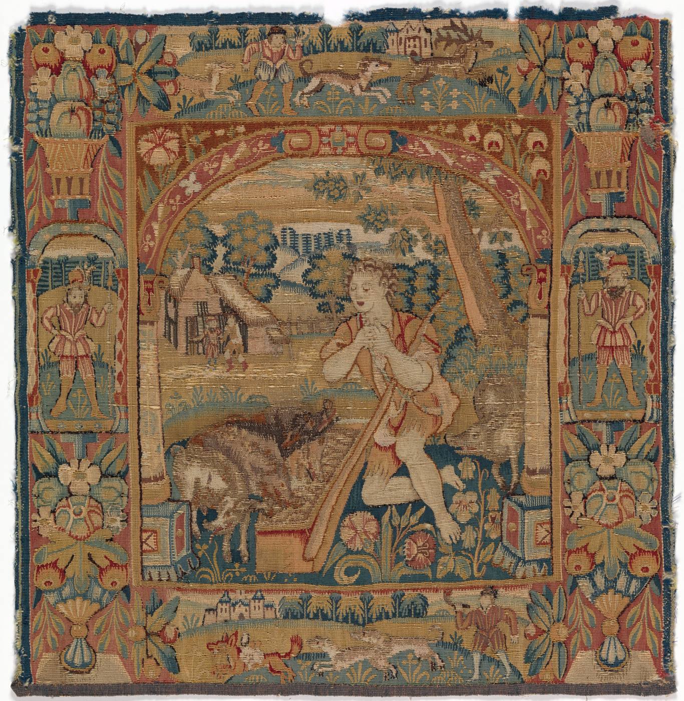Tapeçaria colorida inglesa do século XVII: o filho pródigo, ajoelhado entre os porcos numa paisagem do campo, dentro de uma moldura de flores e frutos.