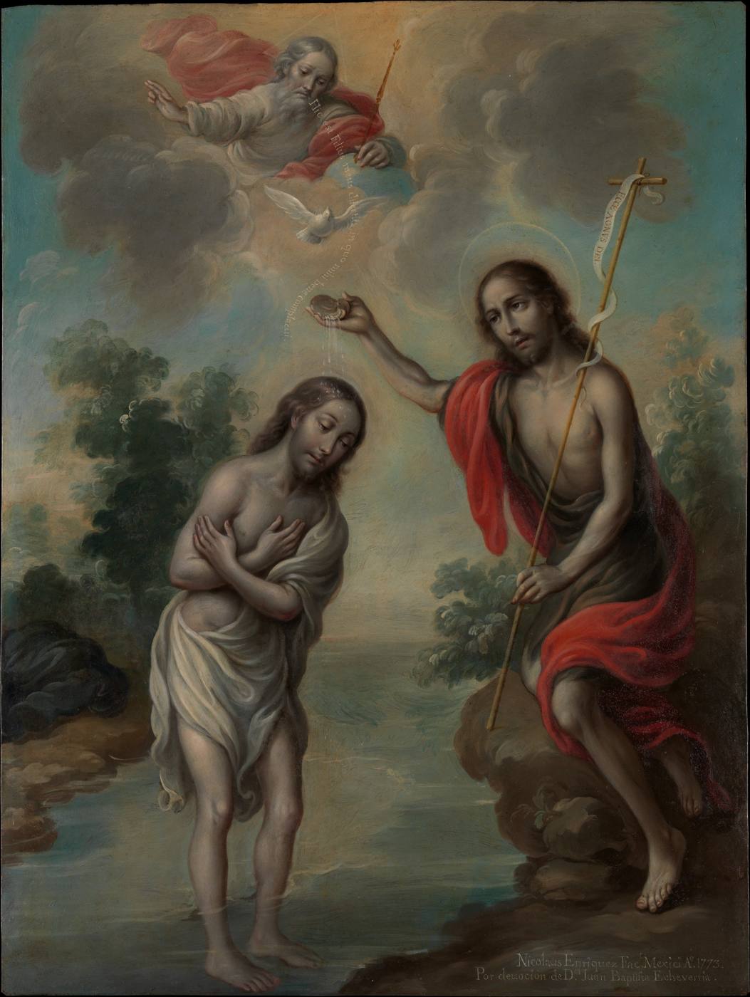 Pintura colorida de Nicolás Enríquez: João Batista derrama água sobre Jesus no rio, enquanto, no céu, Deus Pai e a pomba do Espírito Santo aparecem entre as nuvens.