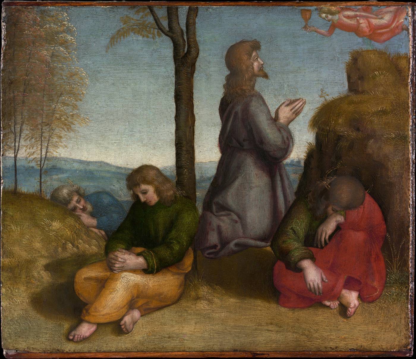 Pintura de Rafael: Jesus ajoelhado em oração num jardim, com as mãos postas, enquanto três discípulos dormem no chão à sua volta.