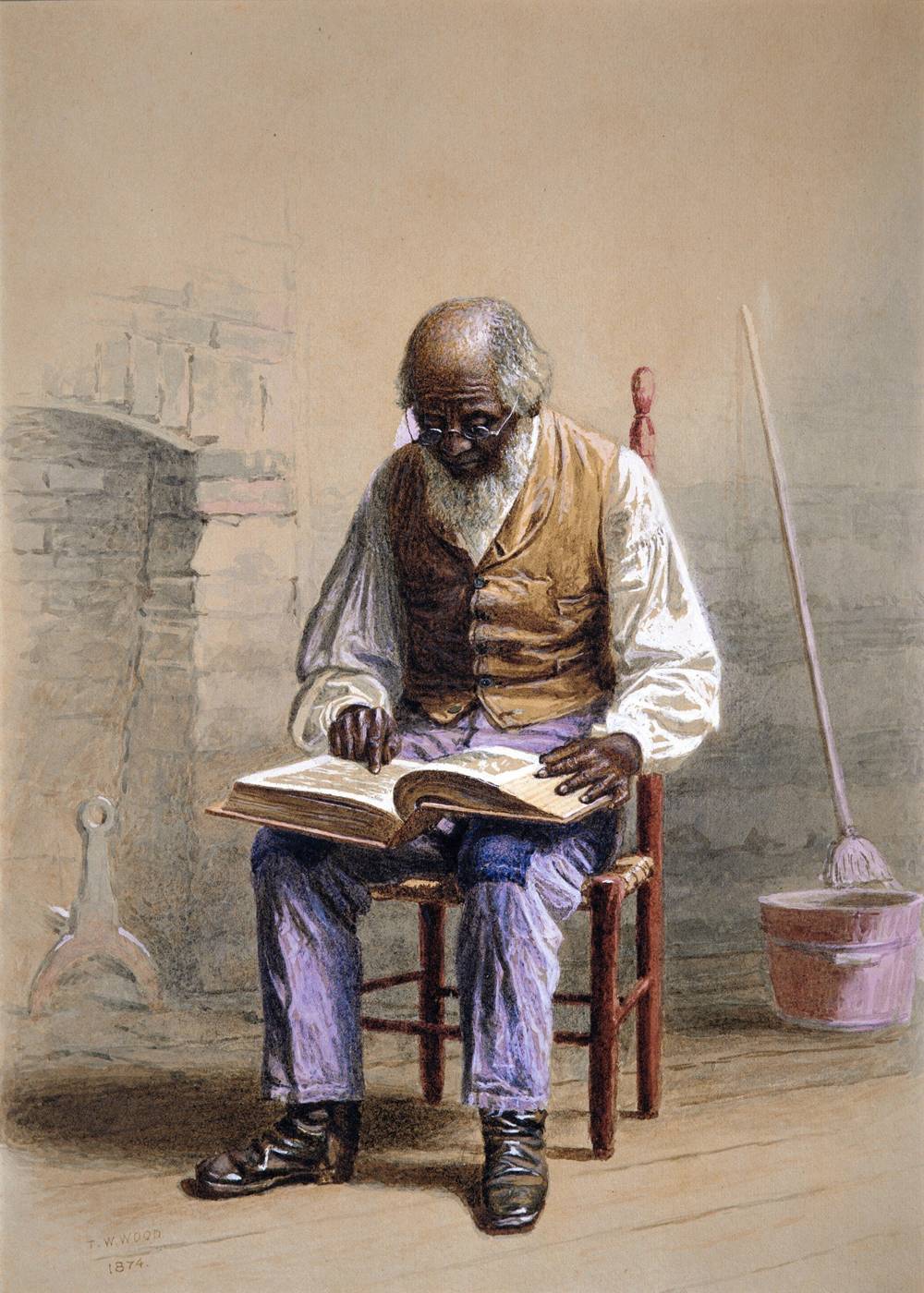 Aquarela de Thomas Waterman Wood: um homem idoso, sentado numa cadeira, lê atentamente uma Bíblia grande aberta no colo.