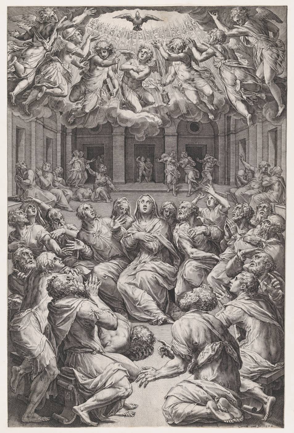 Gravura de Cornelis Cort: os discípulos reunidos numa grande sala, sob o Espírito Santo que desce do alto em forma de pomba, no dia de Pentecostes.