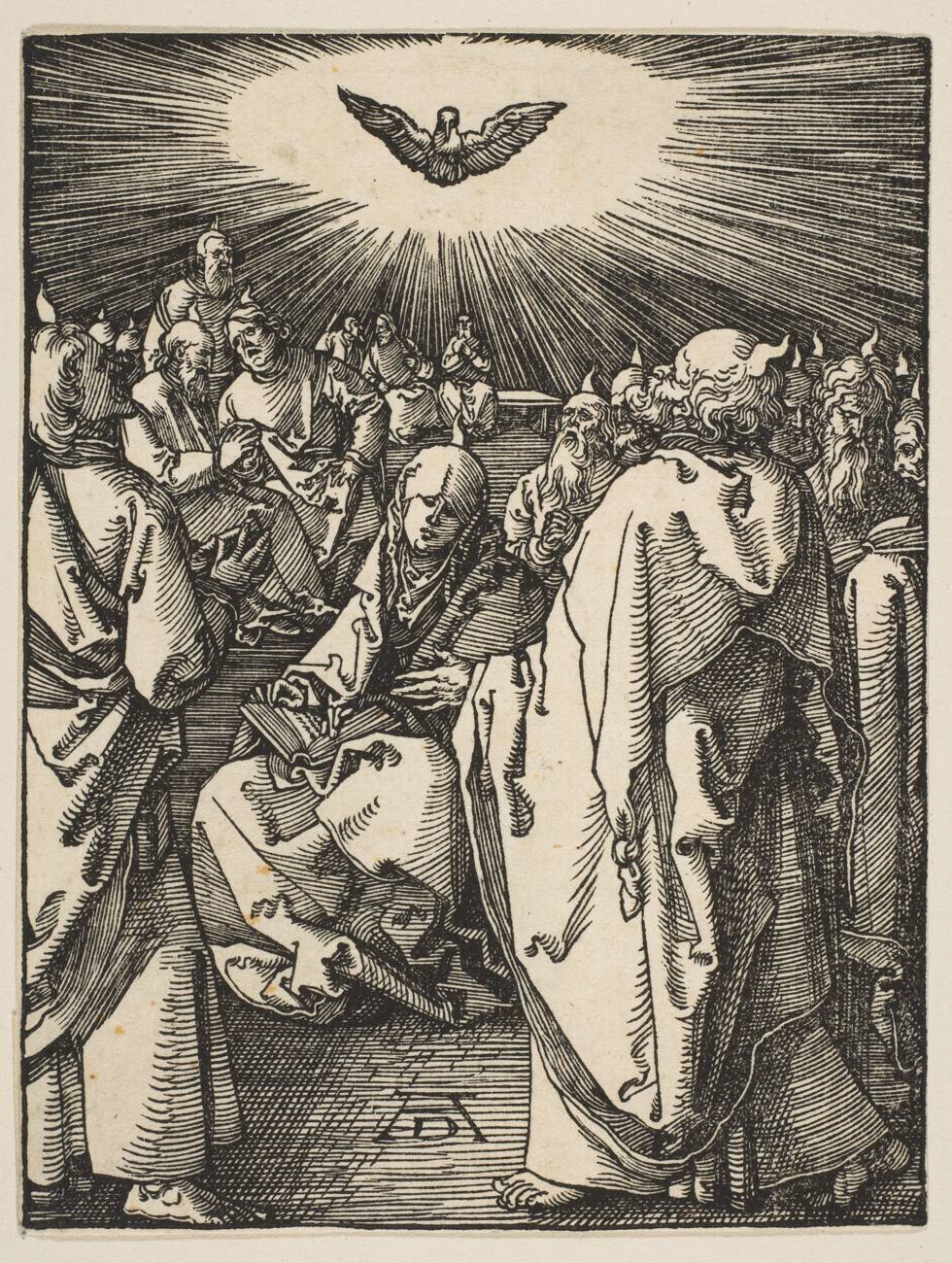 Xilogravura de Dürer, c. 1510: os apóstolos e Maria reunidos numa sala, olhando para o alto, enquanto a pomba do Espírito Santo desce cercada de raios de luz