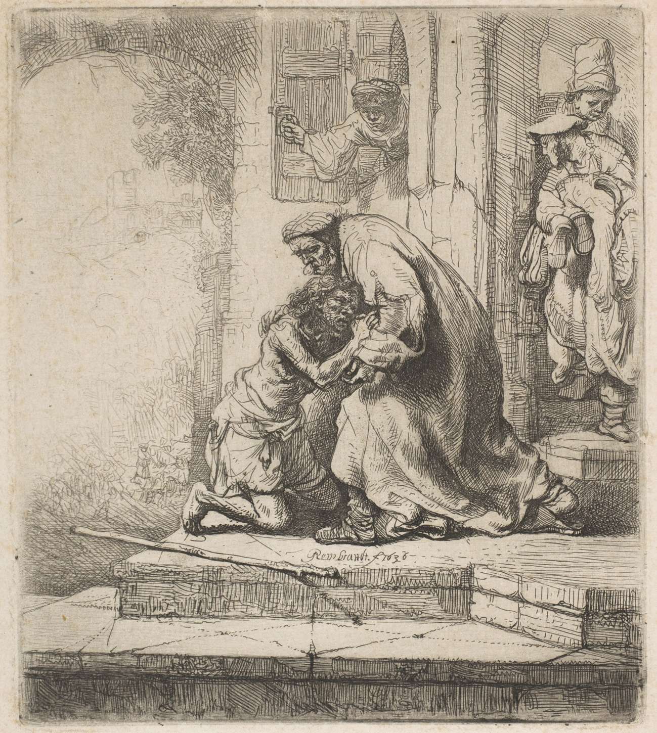Gravura de Rembrandt, 1636: o filho maltrapilho, de joelhos nos degraus da casa, é abraçado pelo pai idoso, enquanto um servo traz roupas e outro observa da janela