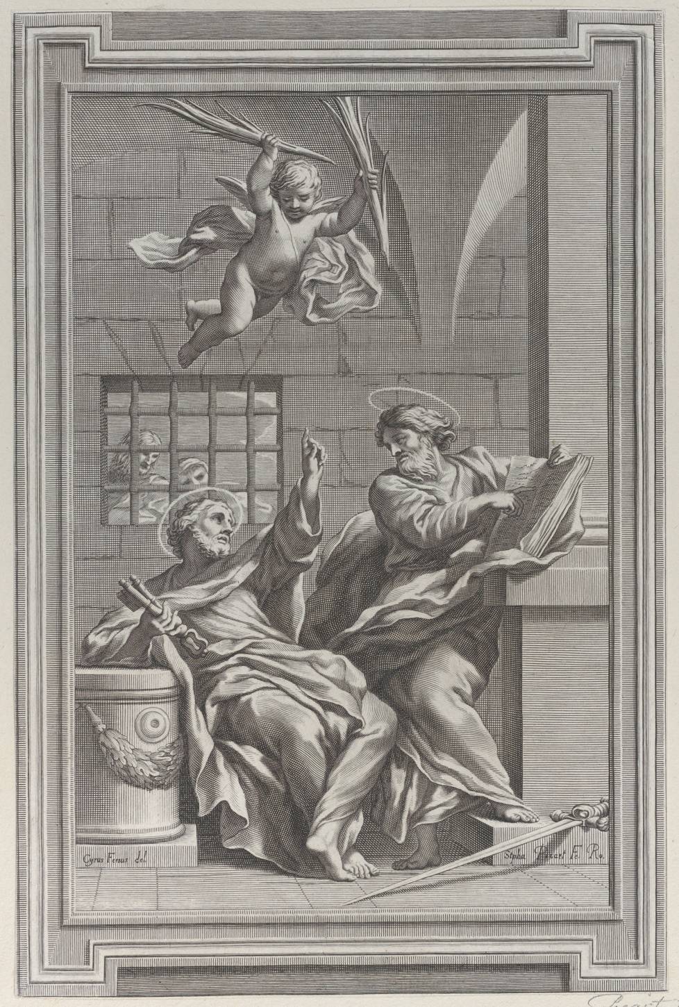 Gravura de Etienne Picart: Pedro e Paulo sentados numa cela de pedra com janela gradeada, um deles com um livro aberto, enquanto um anjo desce do alto trazendo uma palma