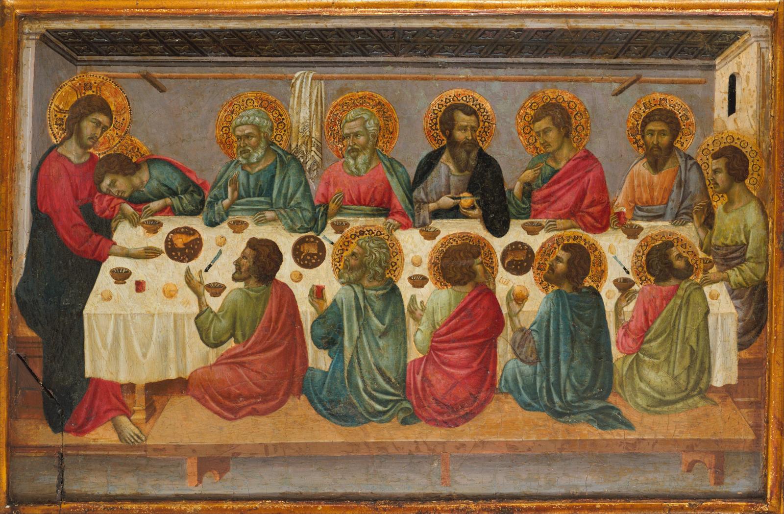 Pintura sobre fundo de ouro de Ugolino da Siena, c. 1325: Jesus e os doze apóstolos com auréolas douradas à mesa coberta de toalha branca, com João reclinado junto a Jesus
